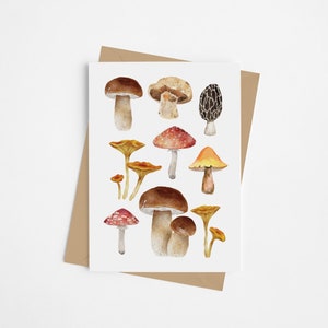 Cartes de voeux vierges aquarelle champignons (7 pcs) avec enveloppes en papier artisanal, cadeau parfait pour les amoureux de la nature