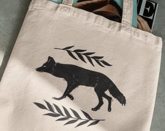 Coyote linocut design canvas tote bag, black and white linocut style design, linocut print, boho fashion, Vintage Minimalistic, beach bag