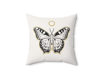 Minimal Schwarz und Gold Schmetterling Kissen | Quadratisches Kissen