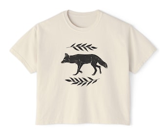 Woodland Coyote Linocut Print Graphic Tee | Coyote Silhouette Boxy Cropped Baby Tee T-Shirt
