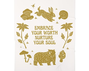 Embrace Your Worth Nurture Your Soul Baby Swaddle Blanket | Woodland Bear Rabbit Mushroom