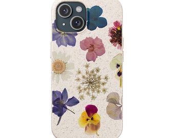 Gepresste Blumen-Collage Handytasche | Biologisch abbaubare Handyhülle | Florales botanisches Design