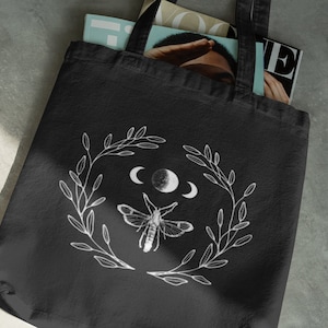 Moth Tote Bag Moth and Moon Black Canvas Tote Bag Black Boho Shopping Bag Moon Phase Tote Gift for nature lover Gift for moth lover