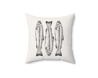 Vintage Forelle Illustration Kissen | Fisch-Kunst-Kissen, nautisches Cabochon-Dekor