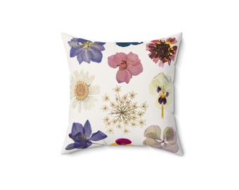 Gepresste Blumenmuster-Kissen | Florales botanisches quadratisches Kissen