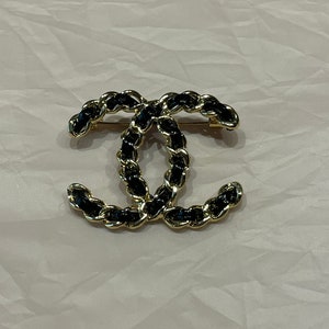 Vintage Chanel Gold Brooch With Black Leather