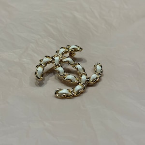 Vintage Chanel Gold Brooch With White Leather