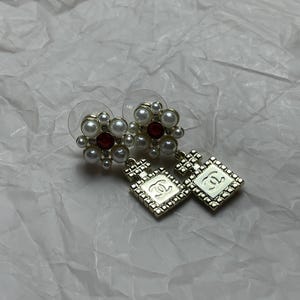 Vintage Chanel Gold Earrings With Pearls And Red Stones Modern Earrings Large Unique Antique Gift For Mom Earrings Collectible