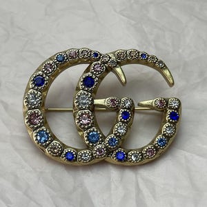 Vintage Gucci Gold Brooch With Colored Stones GG Big Logo