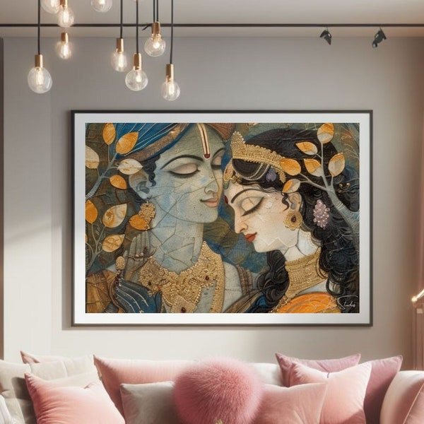 Krishna & Radha | Indian Framed Wall Art | Hindu Spiritual Religious Print | Indian Art Poster | Romantic Gift Hanging| Floral Art Decor