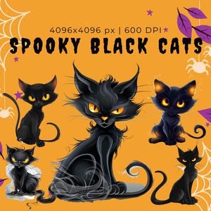 Spooky Black Cats-clipar | Muurkunst cartoon kat | Afdrukbare download | Halloween kat clipart | PNG's voor commercieel gebruik | Bundel met herfstclips