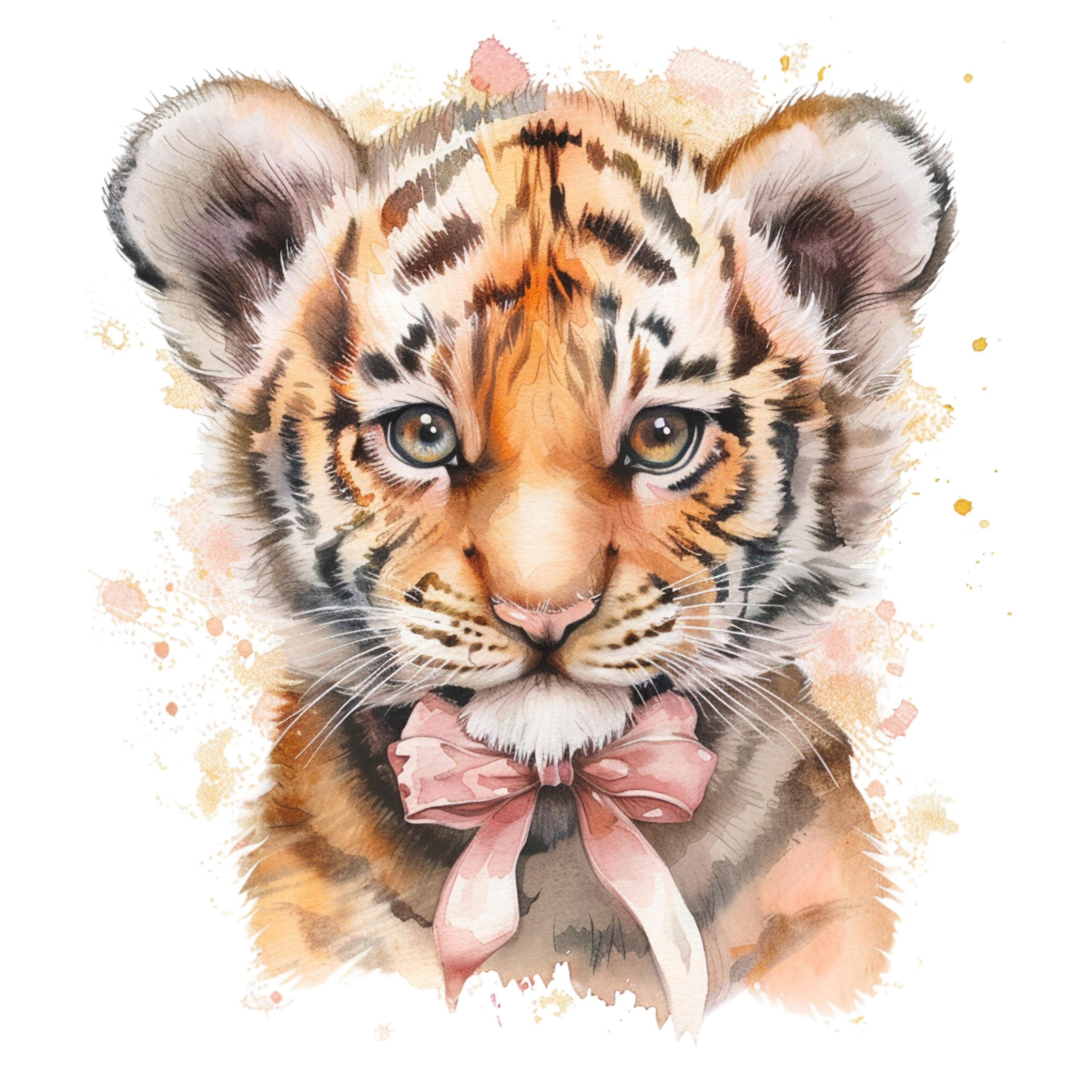12 Watercolor Baby Tiger Clipart With Floral Wreath and Bowtie ...