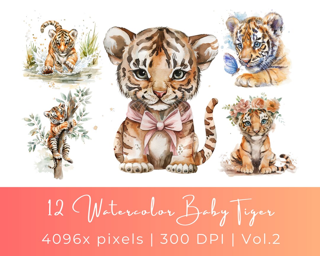 12 Watercolor Baby Tiger Clipart With Floral Wreath and Bowtie ...