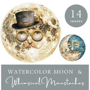 12 Wunderliche Mond Clipart | Druckbar | Digitaler Download | PNG | Karten, Sublimation, Junk Journal, Papiermodelle, Scrapbook | Kommerzielle Nutzung
