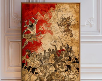 Rama vs Ravanna Battle Scene | Ramayana Art | Indian Wall Decor | Indian Art | Religious Art | Art gift | Hindu Art | Traditional Art Poster