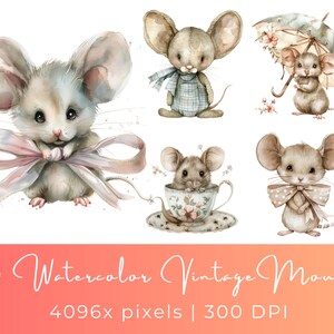 15 aquarel vintage babymuis-clipart | Afdrukbare png | Digitale download | Kaart | Muurkunst kinderkamer | Coquettekunst | Commercieel gebruik
