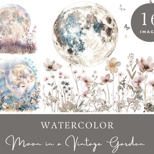 16 Lune aquarelle dans un jardin vintage et papillons | Imprimable, téléchargement immédiat PNG | Cartes Scrapbook Junk Journal | Utilisation commerciale