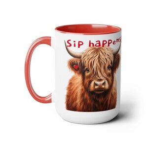 Highland Cow Sip Happens, Two-Tone Coffee Mugs, 15oz
