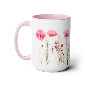 Pink Spring Flowers 3 Zweifarbige Kaffeetasse, Blumenkeramiktasse 11 Unze