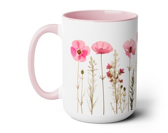 Pink Spring Flowers 3 Two-Tone Coffee Mug, Floral Ceramic Mug 11oz