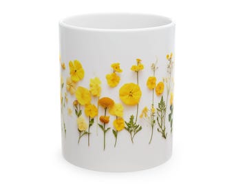 Taza de cerámica con flores de primavera prensadas en amarillo, 11 oz, taza de café floral