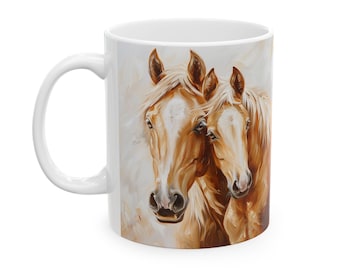 Palomino Mare and Foal Horse Ceramic Mug 11oz - Equestrian Gift for Horse Lovers, Coffee Cup, Tea Mug, Animal Lover Gift, Farmhouse Kitchen
