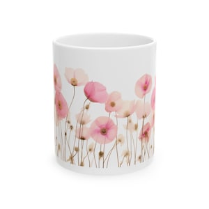 Rosa Frühlingsblumen 4 zweifarbige Kaffeetasse, Blumenkeramikbecher 11 Unze