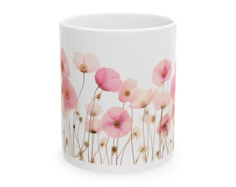 Pink Spring Flowers 4 Two-Tone Coffee Mug, Floral Ceramic Mug 11oz