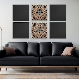 May include: A modern living room featuring a black leather sofa with decorative pillows, a wooden side table, and a floor lamp. The wall displays six framed art pieces, including two intricate mandala designs in gold and black.