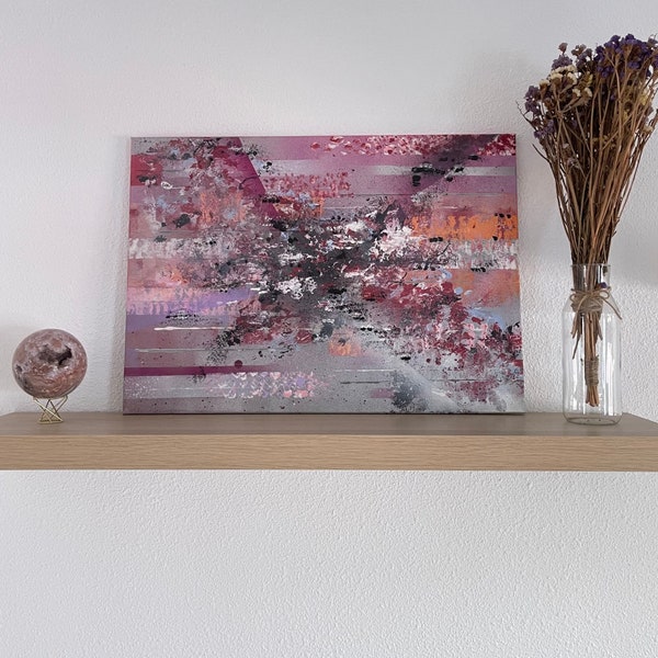 EQUIS, tableau abstrait violet, rose et gris, 50 x 70 cm, acrylique et peinture en aérosol