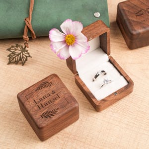 Personalized Walnut Engraved Ring Box, Custom Wooden Square Double Ring Holder, Engagement Proposal Box, Wedding Ceremony Ring Storage