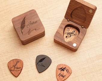 Personalized Wooden Guitar Picks with Case, Custom Guitar Pick Holder Box, Engraved Plectrum Gift for Guitar Player, Valentine’s day Gift