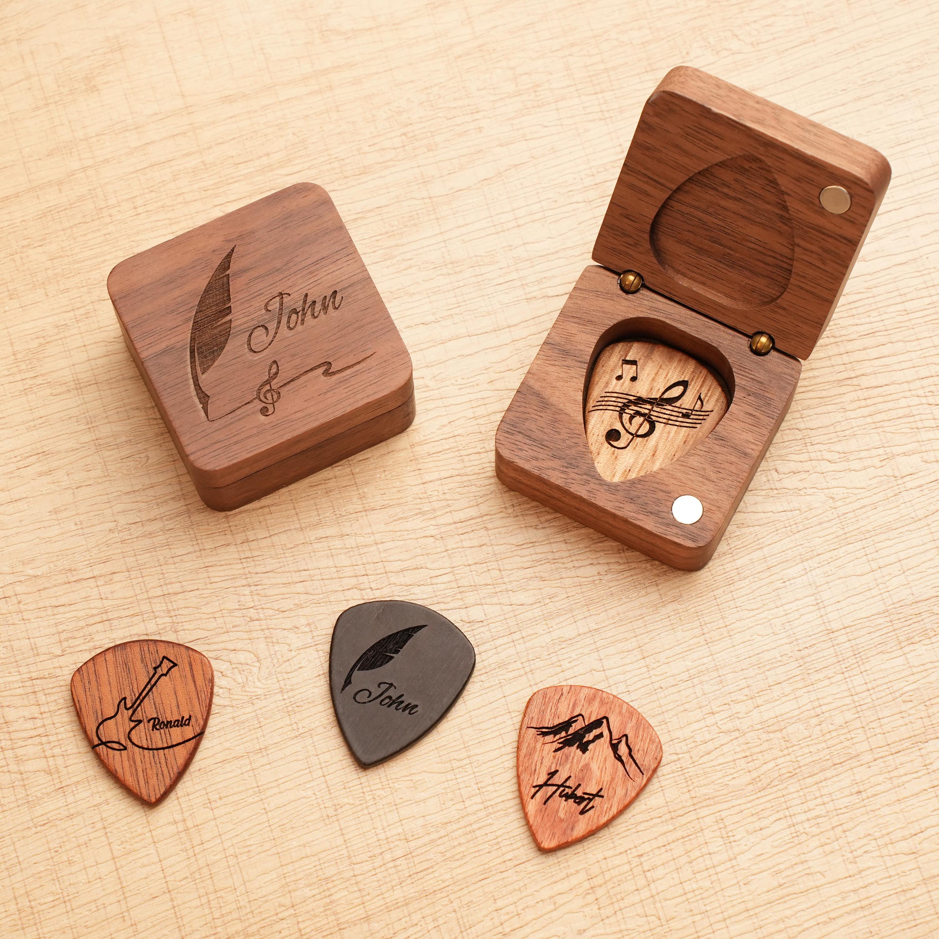 Discover Personalized Wooden Guitar Picks with Case, Custom Guitar Pick Holder Box, Plectrum Gift for Guitar Player, Valentines day Gift