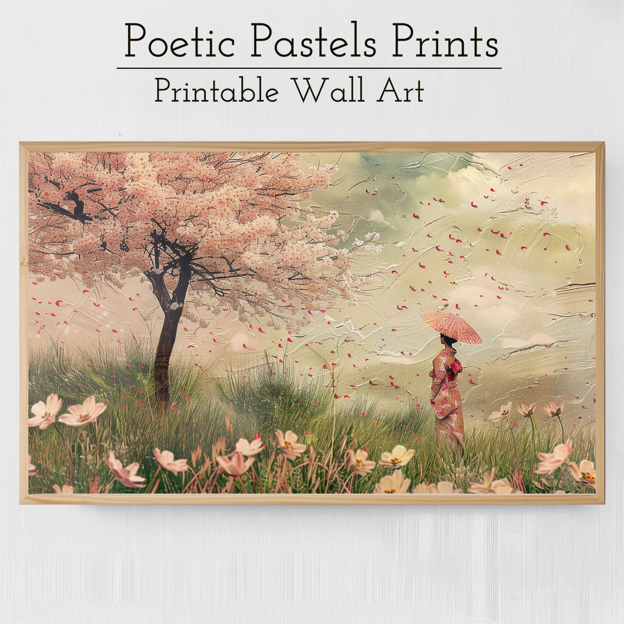 Japanese Cherry Blossom Vintage Art, Sakura Tree, Field of Wildflowers ...