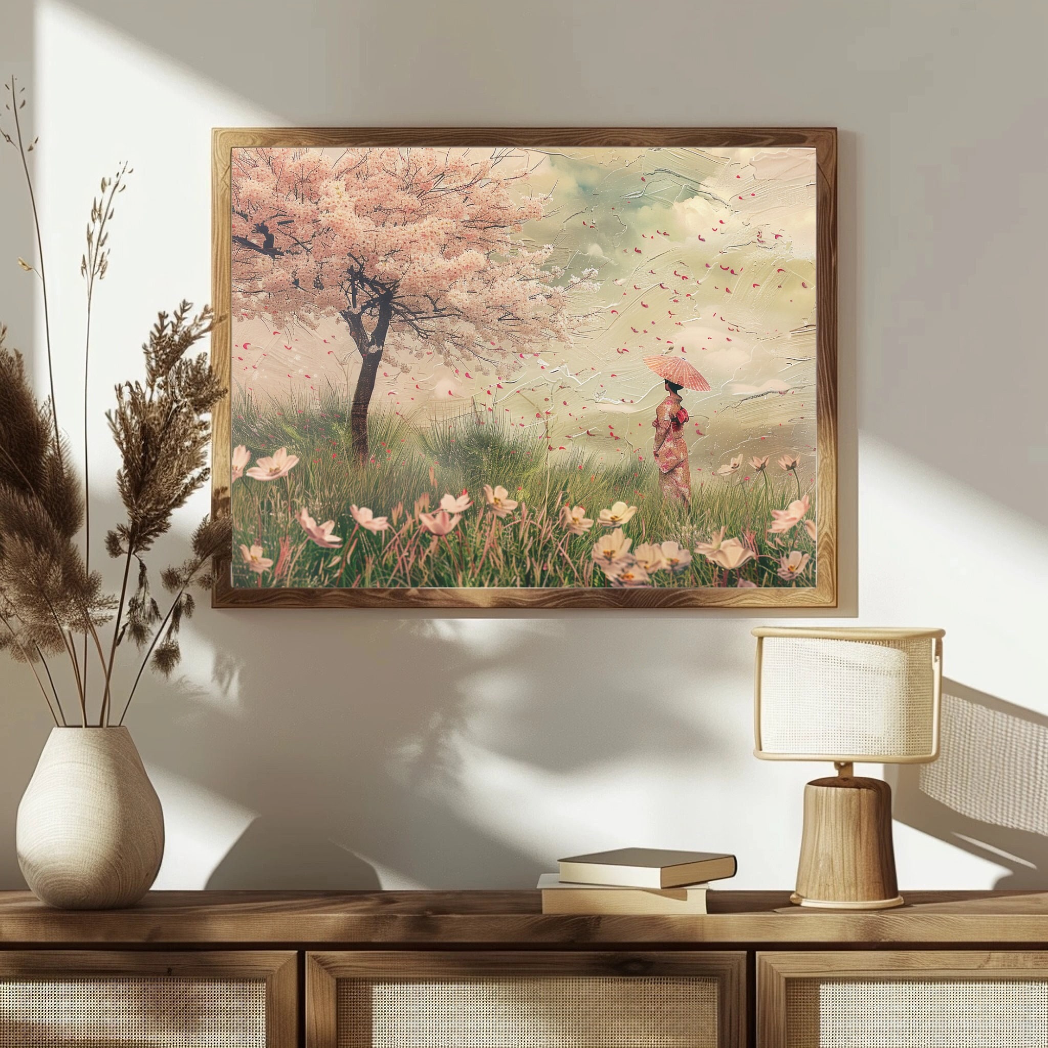 Japanese Cherry Blossom Vintage Art | Sakura Tree, Field of Wildflowers ...