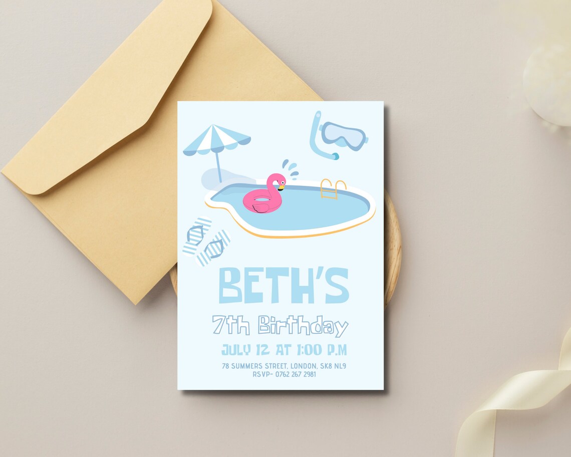 Printable Kids Pool Party Invitation, Children's Summer Birthday Swimming Invite, Sunny Day ...