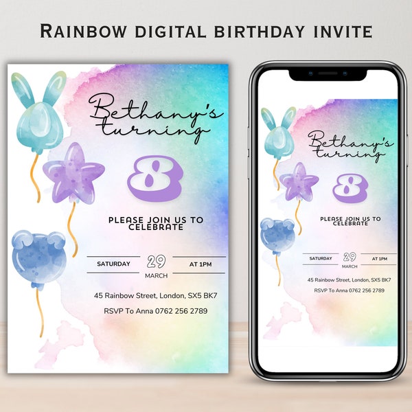 Colourful rainbow balloon birthday invitation, Children's pastel tie dye party digital download invite, fun kids parties, self edit in Canva