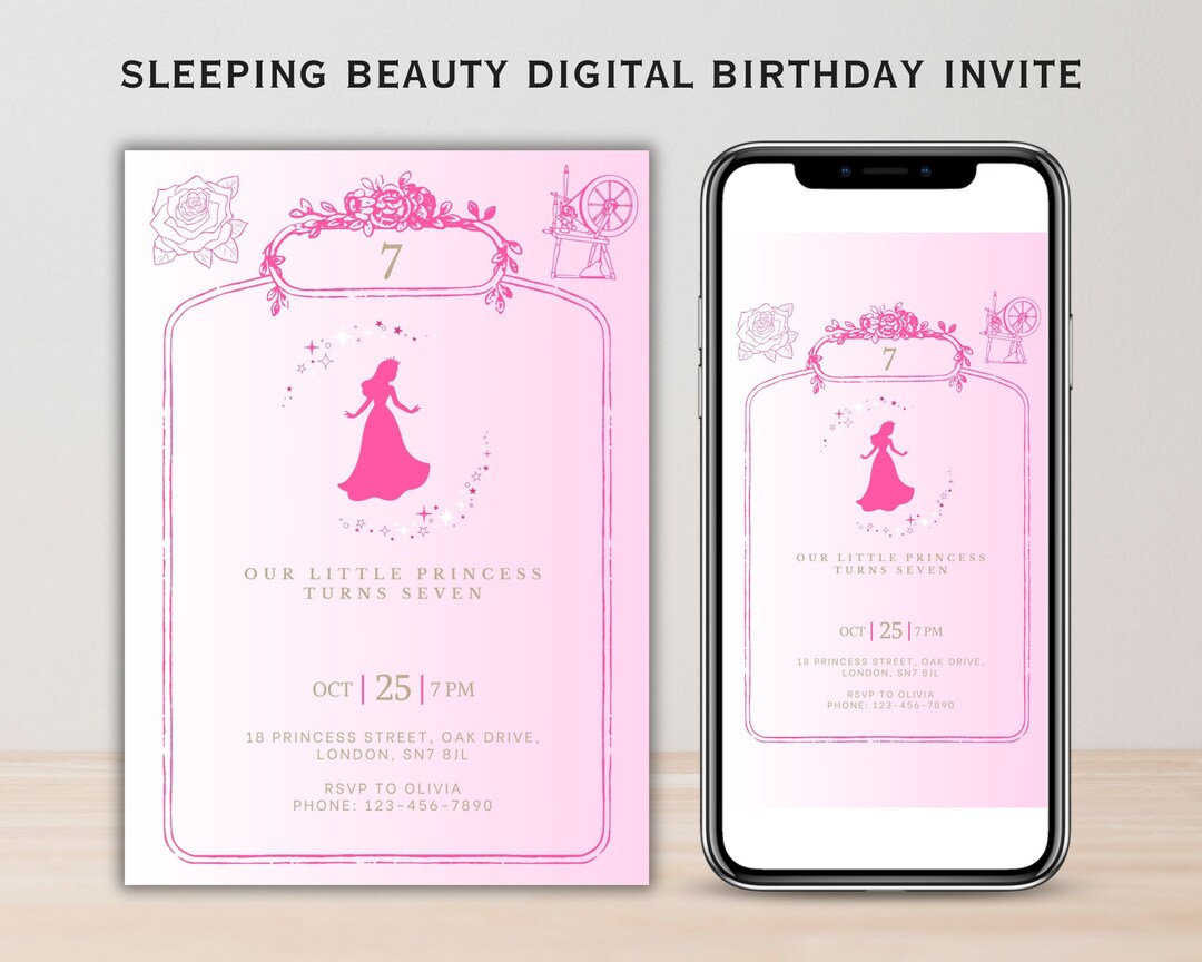 Sleeping Beauty Printable Birthday Invitation, Pink Floral Rose ...