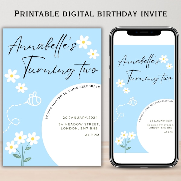 Children's blue daisy birthday invite, customisable kids light pastel flower party invitation, toddler floral nature download, edit in Canva