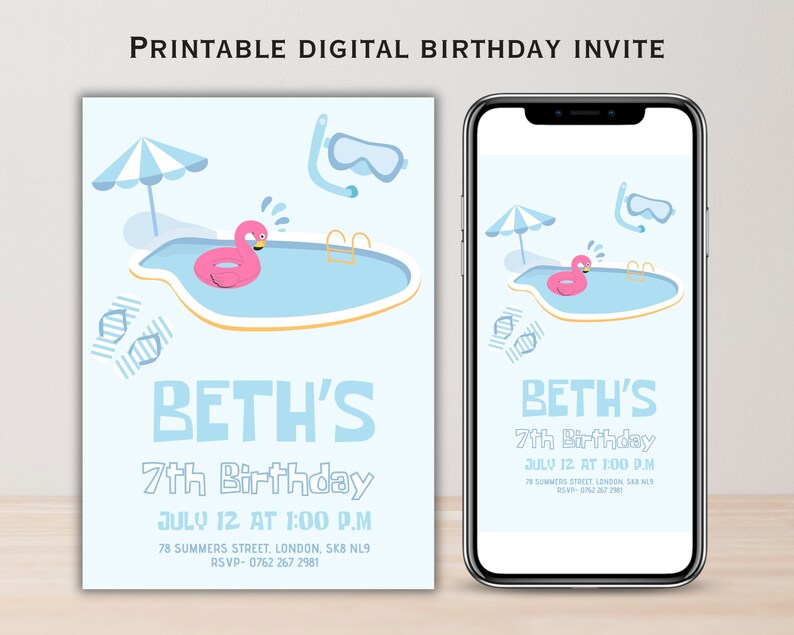 Printable Kids Pool Party Invitation, Children's Summer Birthday Swimming Invite, Sunny Day ...