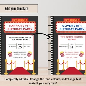 Movie Night Editable Birthday Invitation, Kids Cinema Film Theme ...