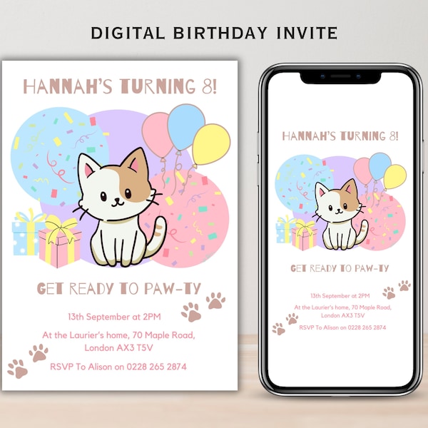 Printable cat kids birthday invite, girls pink kitten party template, children's fun colourful pet animal editable balloon canva invitation