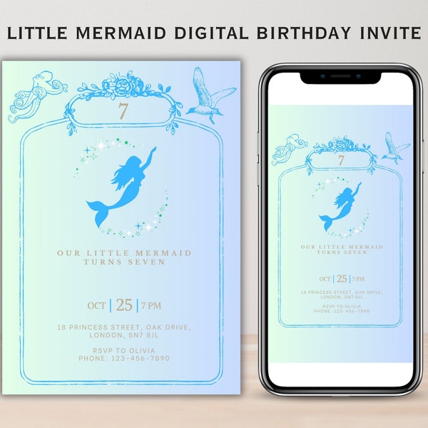 The little mermaid printable birthday invite, Children's under the sea party instant download, girls ocean princess customisable invitation