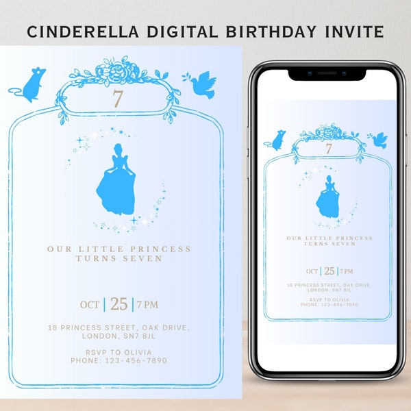 Cinderella princess birthday party printable invitation, Children's Pastel blue fairytale editable invite, Kids girly royalty downloadable