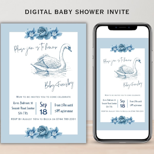 Printable swan baby shower invite, floral navy baby reveal download invitation, light blue instant download, edit in canva for parents to be