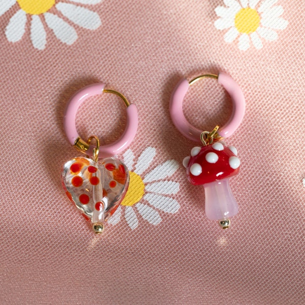 Cute and Quirky Polka Dot Glass Heart and Mushroom Handmade Hoop Earrings