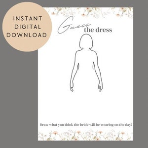 Guess the Dress Bridal Shower Game, floral,Bridal Shower Party Games, Hen Party, Bridal Draw the Dress Printable, Hen Party Game.