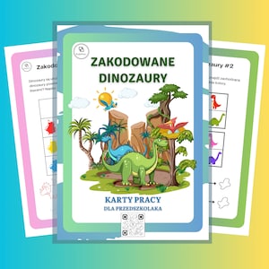 Puede incluir: Una hoja de trabajo para niños de preescolar con una ilustración colorida de dinosaurios en un entorno de jungla. La hoja de trabajo incluye una actividad de codificación con una clave de color y un juego de emparejamiento con dinosaurios de diferentes colores.