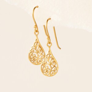 Gold Vermeil Filigree Teardrop Earrings, Dainty Gold Dangle Earrings for Women, Lightweight Drop Earrings, Christmas Gift for Her