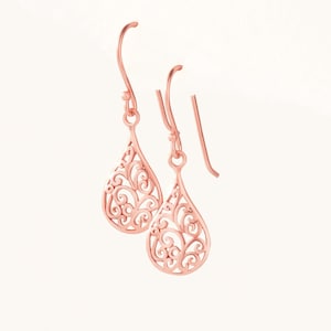 Rose Gold Earrings Dangle, Filigree Earrings, Small Tear Drop Earrings, Gifts for Women Under 30, Rose Gold Jewelry